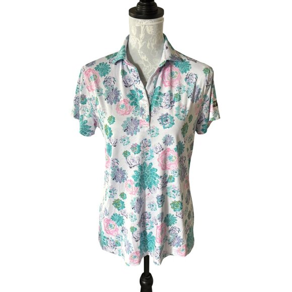 Waggle Women’s Succulent Print Golf Polk Shirt Size Large Short Sleeves - Picture 1 of 5